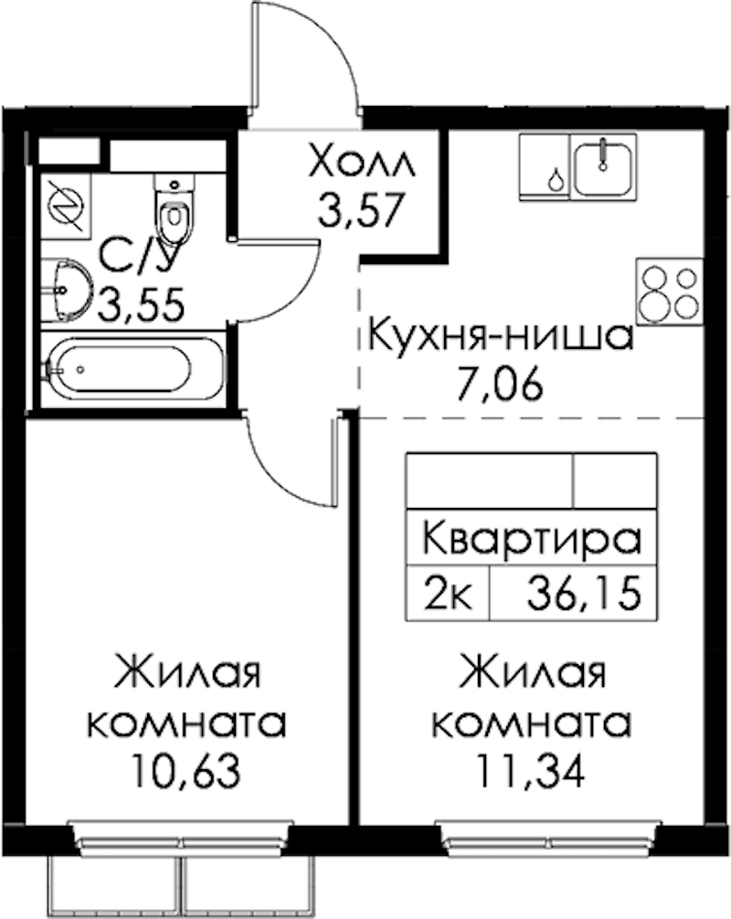 1-комнатная квартира 36.15 м², 10/15 эт., ЖК «Янинский лес»